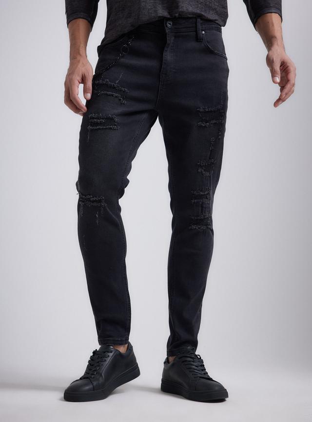 Jeans Gastado Roturas Zigzag y Doble Cadena
